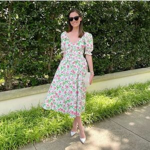 Hill House Home The Ophelia Dress in Pink Roses Cotton Poplin Midi Cottagecore M